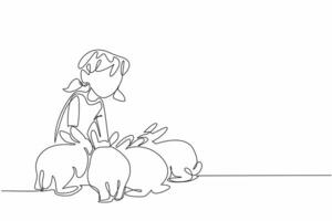 Single one line drawing little girl is squatting and surrounded by many rabbits. Full of joy and enthusiasm to care. Small farm. National Farm Animals Day. Continuous line design graphic illustration vector