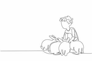 Single one line drawing boy is squatting and surrounded by many rabbits. It is time to feed the beloved livestock. Learn to farm. National Farm Animals Day. Continuous line design graphic illustration vector