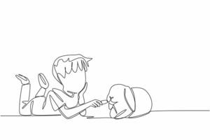 Single one line drawing boy prone to feeding carrots to rabbit. Casually caring with full affection. Favorite food. Stay healthy. National Farm Animals Day. Continuous line design graphic illustration vector