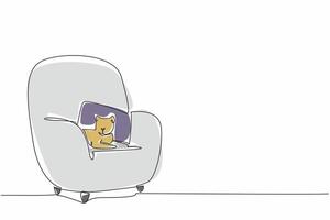 Single one line drawing cat lying on a very soft single sofa. Take advantage of free time when the pawrent is not in the room. Relax. National Pet Day. Continuous line design graphic illustration vector