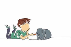 Single one line drawing boy prone to feeding carrots to rabbit. Casually caring with full affection. Favorite food. Stay healthy. National Farm Animals Day. Continuous line design graphic illustration vector