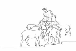 Single one line drawing male energetic farmer is feeding from a bucket to a crowd of sheep. Very obedient livestock. Persistent. National Farm Animals Day. Continuous line design graphic illustration vector