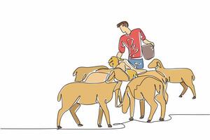 Single one line drawing male energetic farmer is feeding from a bucket to a crowd of sheep. Very obedient livestock. Persistent. National Farm Animals Day. Continuous line design graphic illustration vector