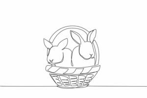 Continuous one line drawing two rabbits in a rattan basket. Container for carrying two cute animals waiting for the evening. National Farm Animals Day. Single line draw design illustration vector