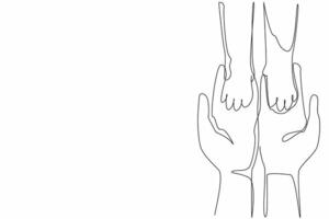 Single continuous line drawing two palms of a person holding two palms of a cat. Building togetherness with the beloved pet cat. Play together. National Pet Day. One line design illustration vector