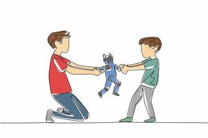 Continuous one line drawing two brothers fighting over a toy robot. Common conflicts in children. Fighting for unnecessary rights. National Siblings Day. Single line draw design illustration vector