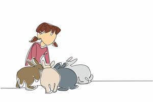 Single one line drawing little girl is squatting and surrounded by many rabbits. Full of joy and enthusiasm to care. Small farm. National Farm Animals Day. Continuous line design graphic illustration vector