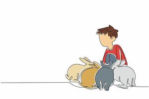 Single one line drawing boy is squatting and surrounded by many rabbits. It is time to feed the beloved livestock. Learn to farm. National Farm Animals Day. Continuous line design graphic illustration vector