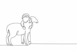Continuous one line drawing the little boy hugging sheep. Loving the first pet. Cultivating the spirit of animal husbandry. National Farm Animals Day. Single line draw design illustration vector