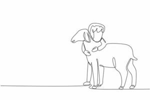 Single one line drawing the little girl hugging sheep. Sold out. Not willing to let go. Nurtured from childhood. Little farmer. National Farm Animals Day. Continuous line design graphic illustration vector