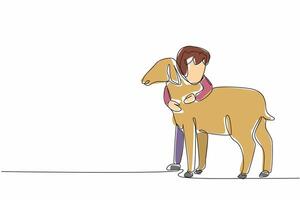 Single one line drawing the little girl hugging sheep. Sold out. Not willing to let go. Nurtured from childhood. Little farmer. National Farm Animals Day. Continuous line design graphic illustration vector