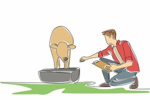 Single one line drawing male farmer kneeling with clipboard feeding a calf with its feeder. Full of diligence and patience. National Farm Animals Day. Continuous line design graphic illustration vector