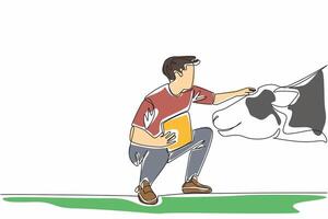 Single continuous line drawing male farmer kneel with clipboard and stroking head of cow. Weekly report notes. Ideal weight of livestock. National Farm Animals Day. One line design illustration vector