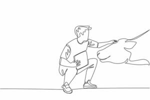 Single continuous line drawing male farmer kneel with clipboard and stroking head of cow. Weekly report notes. Ideal weight of livestock. National Farm Animals Day. One line design illustration vector