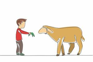 Single continuous line drawing boy is feeding grass to sheep. Grass and hair growth stimulant mixture. Faster harvest. The little farmer. National Farm Animals Day. One line design illustration vector