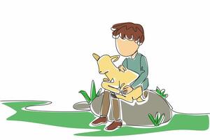 Single one line drawing boy sitting on a large rock holding a baby goat. Taking the pet for an evening walk. Building bonds. National Farm Animals Day. Continuous line design graphic illustration vector