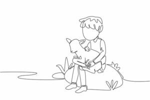 Single one line drawing boy sitting on a large rock holding a baby goat. Taking the pet for an evening walk. Building bonds. National Farm Animals Day. Continuous line design graphic illustration vector