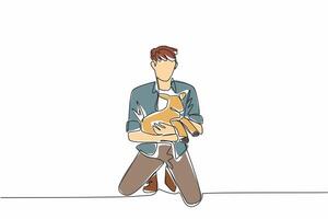 Continuous one line drawing male farmer kneeling while holding a lamb. Weighing the estimated weight. Get the best nutrition. National Farm Animals Day. Single line draw design illustration vector