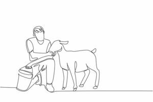 Single continuous line drawing male farmer kneeling holding bucket and feeding sheep. Be patient in harvesting feathers to make wool. National Farm Animals Day. One line design illustration vector