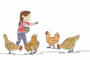 Single one line drawing a girl carrying small bucket and sprinkling food on chickens. First experience of feeding. Best feeling. National Farm Animals Day. Continuous line design graphic illustration vector