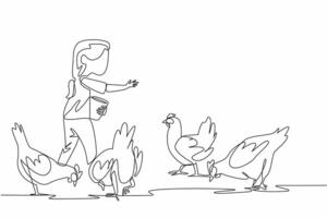 Single one line drawing a girl carrying small bucket and sprinkling food on chickens. First experience of feeding. Best feeling. National Farm Animals Day. Continuous line design graphic illustration vector