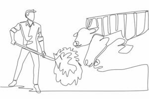 Single continuous line drawing male farmer raking grass giving it to cows. Good quality grass for livestock nutrition. Reliable breeder. National Farm Animals Day. One line design illustration vector