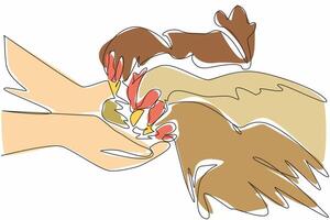 Continuous one line drawing two hands holding chicken food and several chickens surround hands. Chicken farmer. The best feed. National Farm Animals Day. Single line draw design illustration vector