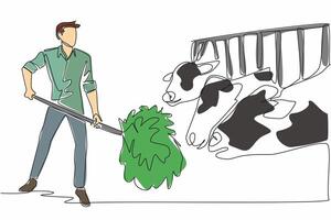 Single continuous line drawing male farmer raking grass giving it to cows. Good quality grass for livestock nutrition. Reliable breeder. National Farm Animals Day. One line design illustration vector