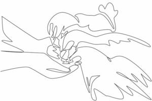 Continuous one line drawing two hands holding chicken food and several chickens surround hands. Chicken farmer. The best feed. National Farm Animals Day. Single line draw design illustration vector