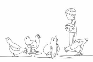 Single one line drawing a boy carrying a small bucket and sprinkling food on chickens. Young farmer. Learning from an early age. National Farm Animals Day. Continuous line design graphic illustration vector