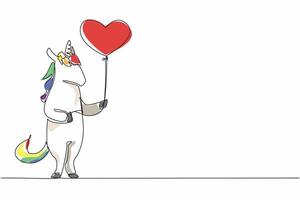 Continuous one line drawing unicorn is standing and holding a heart shaped balloon. A symbol of courage and love. Gentleness of heart. National Unicorn Day. Single line draw design illustration vector