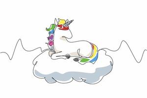 Single one line drawing unicorn sitting on a cloud. A depiction of a calming paradise. Peaceful. Fantasy. Equine. Character. Folklore. National Unicorn Day. Continuous line design graphic illustration vector