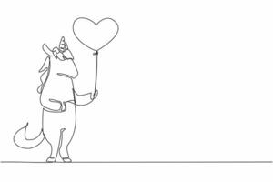 Continuous one line drawing unicorn is standing and holding a heart shaped balloon. A symbol of courage and love. Gentleness of heart. National Unicorn Day. Single line draw design illustration vector