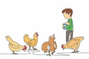 Single one line drawing a boy carrying a small bucket and sprinkling food on chickens. Young farmer. Learning from an early age. National Farm Animals Day. Continuous line design graphic illustration vector