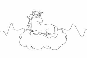 Single one line drawing unicorn sitting on a cloud. A depiction of a calming paradise. Peaceful. Fantasy. Equine. Character. Folklore. National Unicorn Day. Continuous line design graphic illustration vector