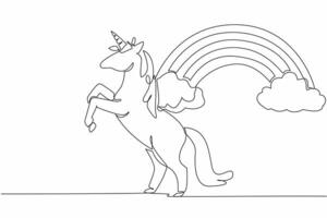 Single continuous line drawing unicorn in a jumping position with a background of clouds and rainbow. Mythological animals symbol of pride. National Unicorn Day. One line design illustration vector