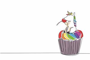 Continuous one line drawing cupcake with unicorn head on top eat cherry. Perfect combination. Very much liked by children. National Unicorn Day - Cupcake. Single line draw design illustration vector