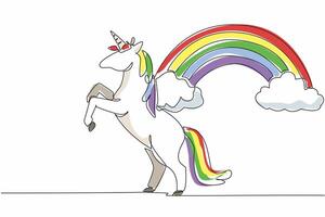 Single continuous line drawing unicorn in a jumping position with a background of clouds and rainbow. Mythological animals symbol of pride. National Unicorn Day. One line design illustration vector
