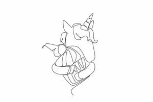 Single continuous line drawing the unicorn is half-bodied and hugging a cherry-topped cupcake. A blend of flavors and shapes. Sweet. National Unicorn Day - Cupcake. One line design illustration vector