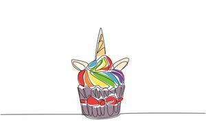 Single continuous line drawing colorful unicorn mane cupcakes. Inviting appetite of children to eat. Uniquely shaped sweet snacks. National Unicorn Day - Cupcake. One line design illustration vector