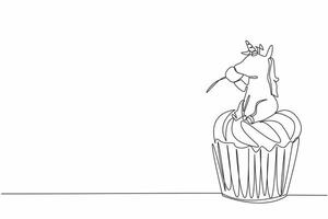 Continuous one line drawing cupcake with unicorn head on top eat cherry. Perfect combination. Very much liked by children. National Unicorn Day - Cupcake. Single line draw design illustration vector