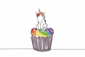Single continuous line drawing cupcake with a unicorn sitting on top. Cake celebrates success. Pampering children with sweet snack. National Unicorn Day - Cupcake. One line design illustration vector
