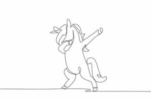 Single one line drawing unicorn standing while doing dabbing pose. The cheerful one. A character who entertains anyone. Mythology. National Unicorn Day. Continuous line design graphic illustration vector