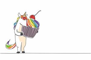Single one line drawing the unicorn is standing and hugging a cherry-topped cupcake. The brave one who loves sweet food. National Unicorn Day - Cupcake. Continuous line design graphic illustration vector