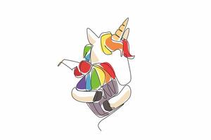 Single continuous line drawing the unicorn is half-bodied and hugging a cherry-topped cupcake. A blend of flavors and shapes. Sweet. National Unicorn Day - Cupcake. One line design illustration vector