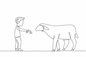 Single continuous line drawing boy is feeding grass to sheep. Grass and hair growth stimulant mixture. Faster harvest. The little farmer. National Farm Animals Day. One line design illustration vector