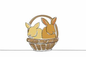 Continuous one line drawing two rabbits in a rattan basket. Container for carrying two cute animals waiting for the evening. National Farm Animals Day. Single line draw design illustration vector