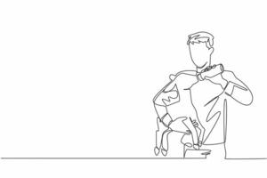 Single continuous line drawing male farmer hold goat kid and feeding it milk from a bottle. Sick. Cannot breastfeed directly. Preventive. National Farm Animals Day. One line design illustration vector