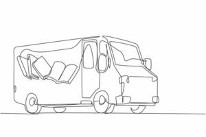 Single continuous line drawing school bus with pictures of books on the side of body. Positive activities to increase interest in reading. National Bookmobile Day. One line design illustration vector