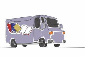 Single continuous line drawing school bus with pictures of books on the side of body. Positive activities to increase interest in reading. National Bookmobile Day. One line design illustration vector